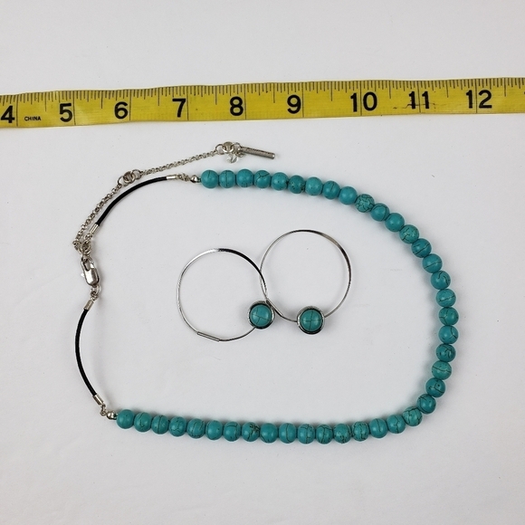 Turquoise Necklace Earrings Set Beaded Leather Silver Kenneth Cole Adjustable - Picture 11 of 12